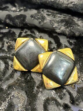 Vintage NAPIER Signed Gold Black Geometric Square Clip On Earrings Office Siren